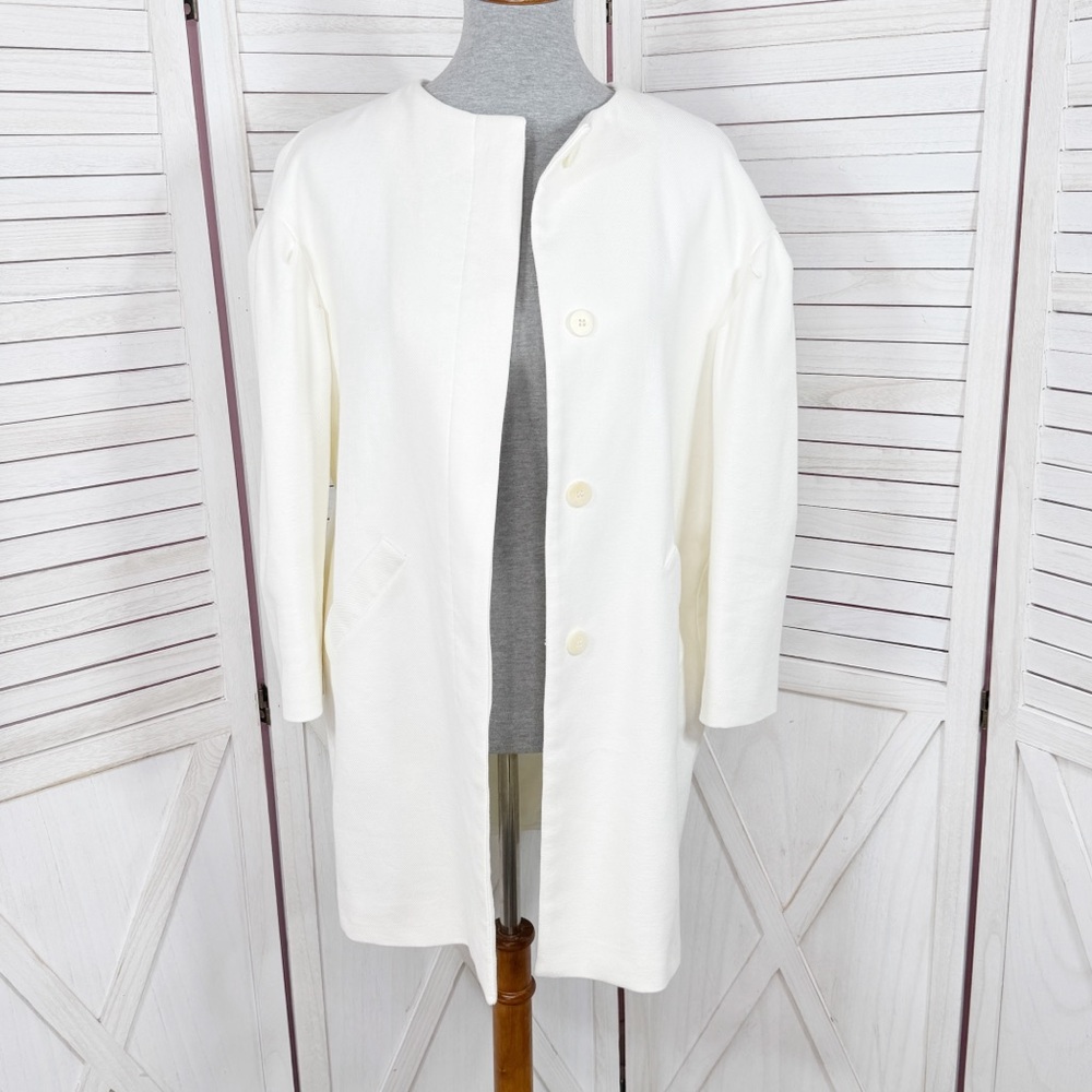 Zara Statement Jacket Women Medium Ivory Cotton Collarless Button Front Puff